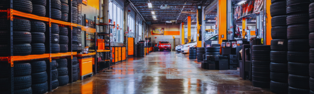Tire shop interior with tall orange racks and stacked tires, a car visible in the back bays.