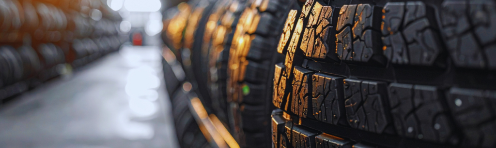 Close-up of stacked black tires in a warehouse, with warm light reflecting off the treads along an aisle shiftwise.